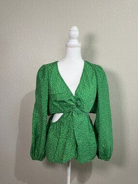 A New Day Womens XL Green White Polka Dot Top Cut Out Sides V-Neck Puff Sleeves